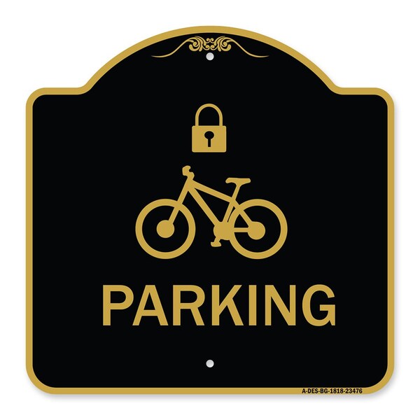 Parking With Cycle and Lock, Black & Gold Aluminum Architectural Sign, 18" x 18", BG-1818-23476